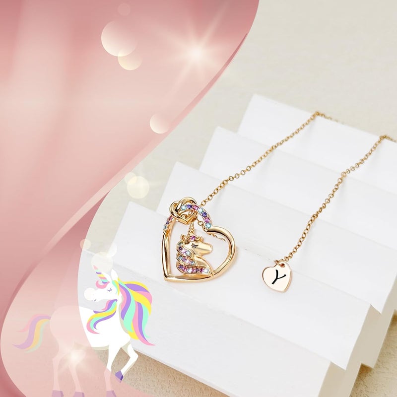 PYXC Valentines Day Gifts - Unicorn Necklace Gifts for Girls, Gold CZ Heart Unicorn Jewelry Initial Girls Birthday Colorful Heart Necklace Birthday present - Image 5